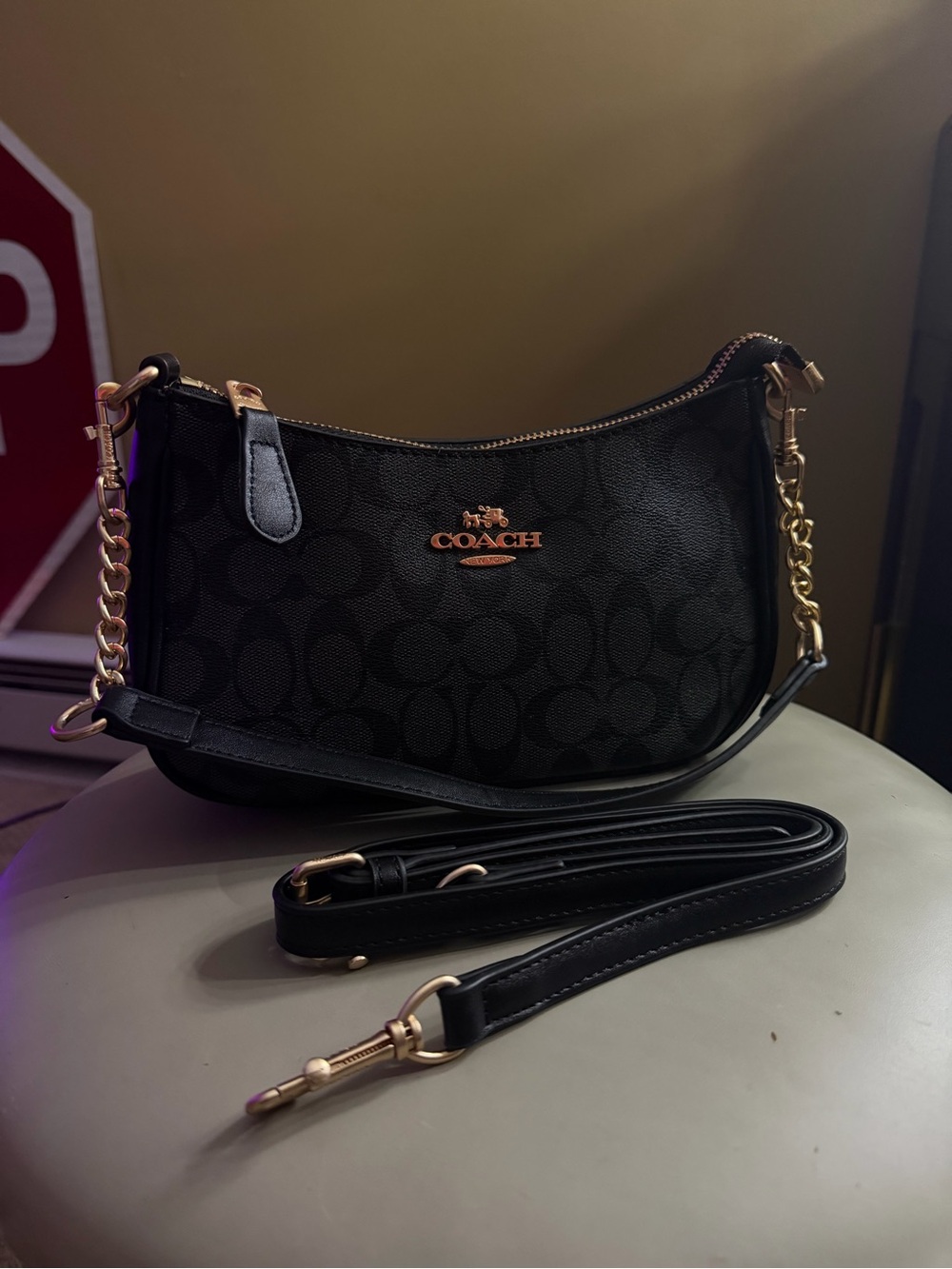 Coach Black Signature Crescent Shoulder Bag with Gold Hardware